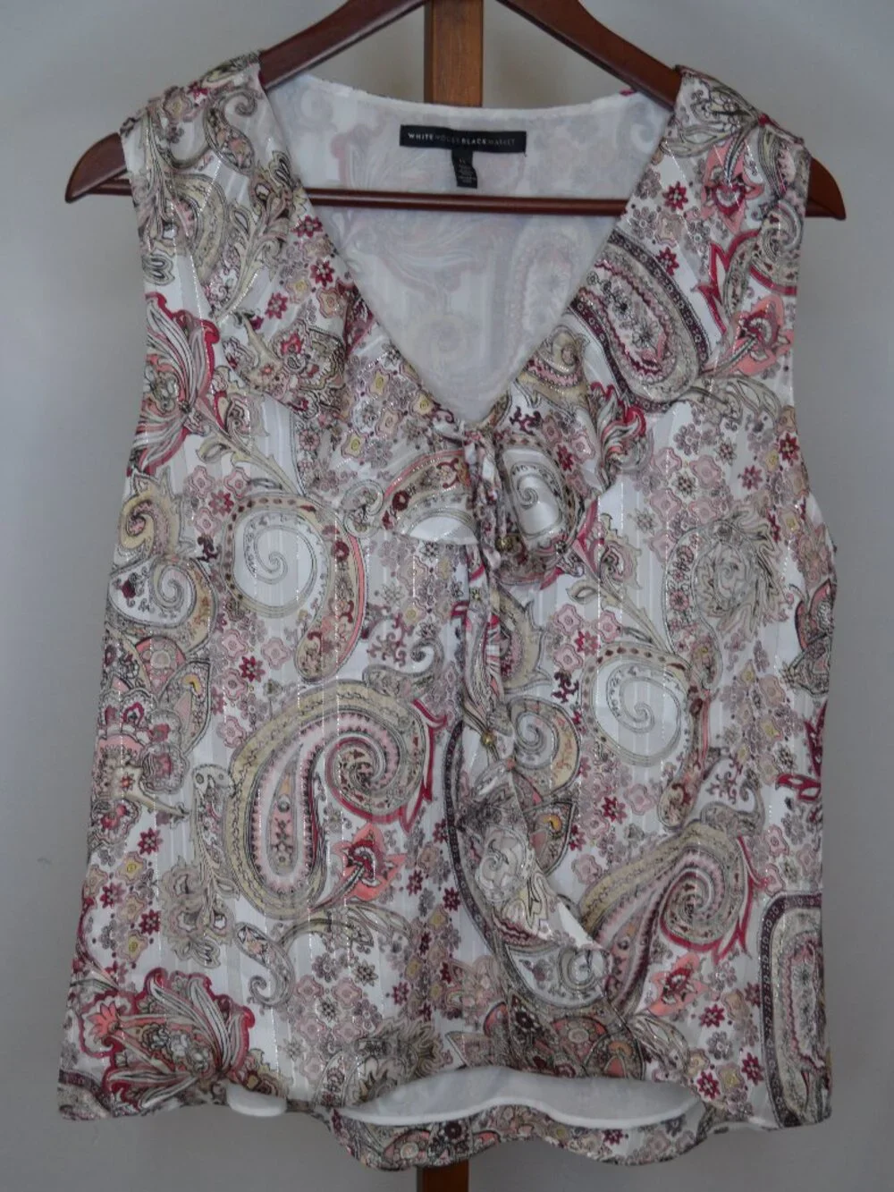 White House Black Market Women’s Size 12 White Paisley Tie Front Sheer Blouse
